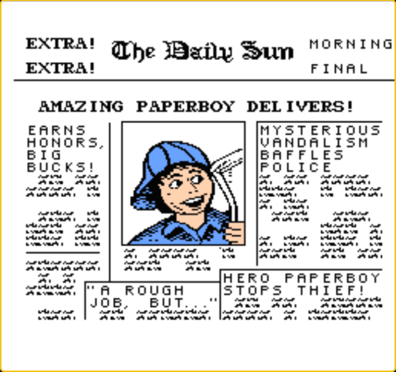 Paperboy NES game title screen showing The Daily Sun newspaper headline with the Paperboy character riding a bicycle, pixel art style, retro 8-bit graphics